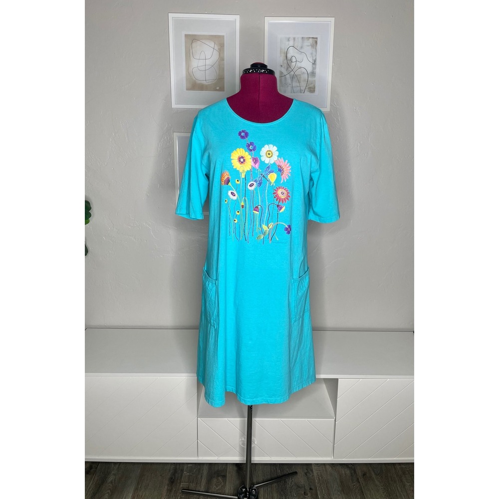 Sabaku Artwear T-Shirt Dress Womens L/XL Turquoise Floral Alone in a Garden USA